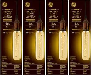 (case of 4) GE Large Vintage Style LED T20, 6.5 watt, 350 lumen, Amber Glass, 2000K Warm CandleLight, Spiral Filament, dimmable 40W Replacement LED T20 Tubular Light Bulb