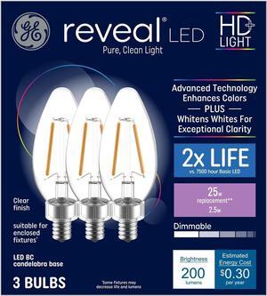 (3 bulbs) GE 42465 Reveal LED 25-Watt equivalent LED Chandelier Bulb, 200 lumens, 2.5 watts, candelabra base, blunt tip, Color-Enhancing Dimmable Candle Light Bulb