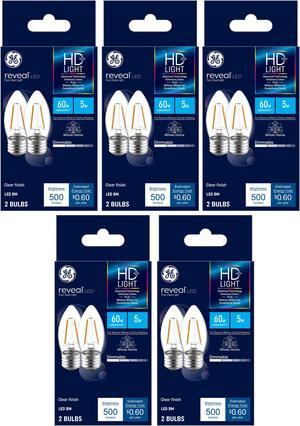 (10 bulbs) GE Reveal LED Decorative Light Bulb, 60 watt equivalent, 500 lumen, 5 watt, reveal HD light, most beautiful, dimmable, medium base LED chandelier Light Bulb
