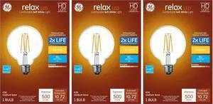(3 bulbs) GE Relax LED G30 Vanity Globe, soft white,  6 watt,  500 lumen, 2700K Dimmable LED Light Bulb, medium base