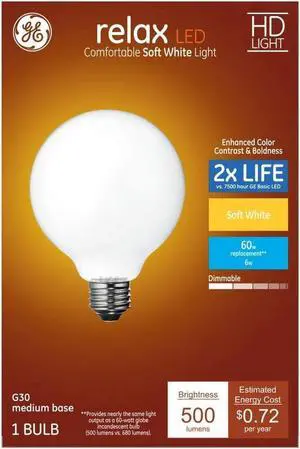 GE 41835 Relax LED G30 Vanity Globe, frosted, Soft White 2700K, 6 watt, 500 lumen, Dimmable Decorative Globe Light Bulb, 60 watt replacement