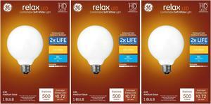 (case of 3 bulbs) GE 41835 Relax LED G30 Vanity Globe, frosted, Soft White 2700K, 6 watt, 500 lumen, Dimmable Decorative Globe Light Bulb, 60 watt replacement
