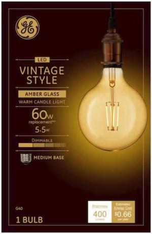 GE Lighting Large Vintage LED G40 Warm Candlelight, Amber Glass, 60 watt equivalent using only 5.5 watts, Dimmable, Medium Base, Vintage Style LED Light Bulb