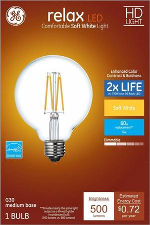 GE Relax LED G30 Globe, soft white,  6 watt,  500 lumen, soft white 2700K Dimmable LED Light Bulb, medium base