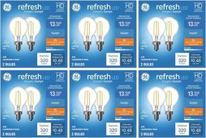 (12 bulbs) GE refresh LED A15 Ceiling Fan Light Bulb, Candelabra base, 40 watt equivalent using only 4 watts, 320 lumens, HD Light for exceptional contrast and boldess, 5000K Cool White Light Bulb