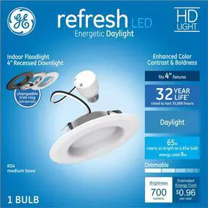 GE Refresh LED Recessed Downlight, 65 Watt Equivalent, 4 inch, RS4, White Dimmable Recessed Downlight, Energetic Daylight 5000K