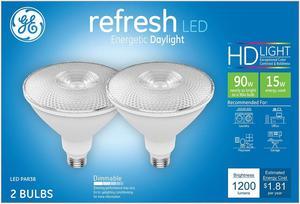 (2 bulbs) GE Lighting refresh LED Outdoor Floodlight, Daylight, PAR38, 15 watt, 1200 lumen (90 watt replacement) LED flood light, Dimmable