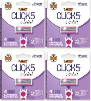 (4 packs) BIC Click 5 Soleil Women's Razor Refills with 5 Flexible Blades and Recyclable Box, Pink, 16 cartridges in total (four boxes of four)
