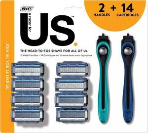 BIC US 5-Blade Unisex Shaving Razor For Men and Women, Lubrication Strip For a Smooth, Close Shave, 14 Cartridges + 2 Handles