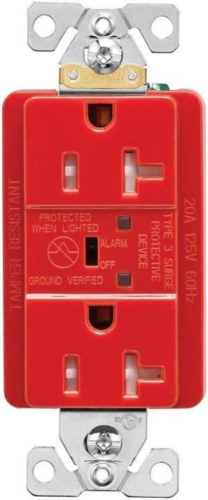 Eaton TR5362RDS Surge Protection Duplex Receptacle, TVSS, Tamper Resistant, Red, 20 Amp, 125V, 560 Joules, Red Thermoplastic, 2 Pole, 3-Wire Grounding, LED indicator and audible alarm