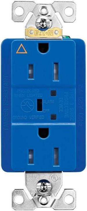 Eaton TRIG5262BLS Surge Protection Duplex Receptacle, TVSS, LED indicator and alarm, 15 Amp, 560J, Tamper Resistant, Blue, Isolated Ground, Transient Voltage Surge Suppressor