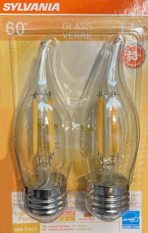 (2 bulbs) Sylvania Glass LED, B10 Light Bulb, 60 watt equivalent, 2700K Soft White Filament, Clear, Medium Base, LED Light Bulb