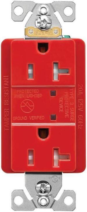Eaton TR5360RDS Surge Protection Duplex Receptcale, TVSS, Tamper Resistant, Red, 125V, 20 Amp, with LED indicator, 2 pole, 3-Wire Grounding