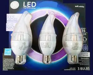 (3 bulbs) GE 88757 LED Candelabra Decorative Bulb, 170 lumens, 2700K, 3.5 watts, CAC candelabra base, Dimmable, LED Chandelier Light bulbs (3 bulbs) GE 88757 LED Candelabra Decorative Bulb, 170 lumens, 2700K, 3.5 watts, CAC candelabra base, Dimmable, LED Chandelier Light bulbs