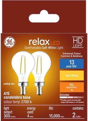 (2 bulbs) GE Relax HD Soft White 4 watt LED Clear Ceiling Fan Candelabra Base A15 Light Bulbs, 40 watt replacement, Dimmable