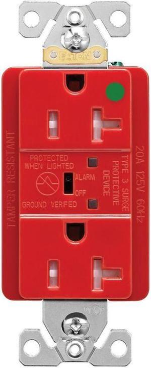 Eaton Wiring TR8362RDS 20 Amp Surge Protection Receptacle with Audible Alarm and LED Indicators, Red, Hospital Grade Tamper Resistant,