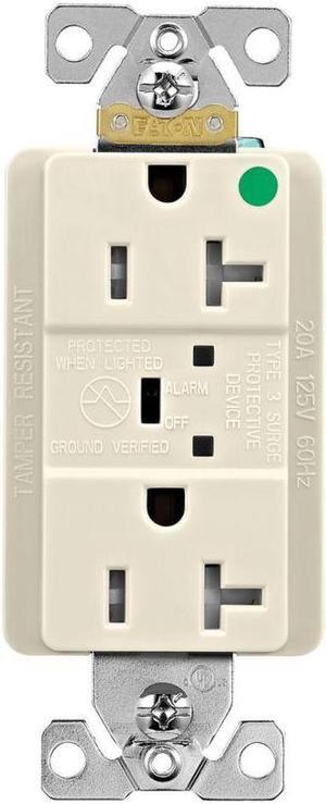 Eaton TR8362LAS 20 Amp Surge Protection receptacle, Hospital Grade, Tamper Resistant, w/ Audible alarm and LED indicators, Light Almond, 2 pole, 3-wire, grounding, 125V, Back and Side Wire