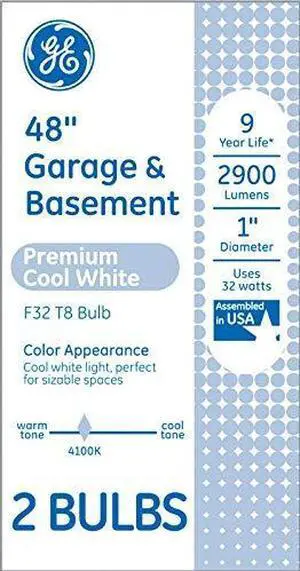 (2 pack) GE Lighting 66833 Premium Cool White T8 Fluorescent Tube, 48 inches, 32 watts, 2900 lumens
