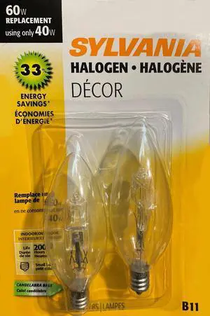 (2 pack) SYLVANIA Halogen Dcor B11 Light Bulb, 60 watt equivalent, Candelabra Base, 500 Lumens, 2850K, Soft White