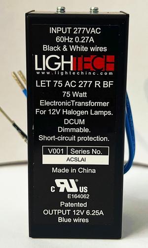 GE LighTech 66955 LET-75-AC-277-R-BF, Halogen Transformer 75 watt electronic transformer, 12V, 277V input, bottom feed