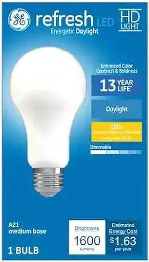 GE refresh LED A21 1600 lumens, 100 watt equivalent using only 13.5 watts, bright energetic daylight
