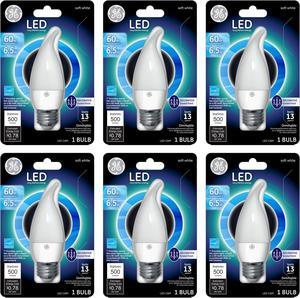 (case of 6) GE Lighting 36748 Dimmable LED Chandelier Bulb, 6.5-watt, 500-Lumen, Soft White, Bent-tip Decorative Light Bulb with Medium Base