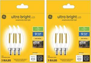 (6 bulbs) GE ultra bright LED 75-Watt equivalent, Soft White Chandelier Light Bulb, Candelabra Base, Dimmable, 7.5 watt, 810 lumen LED ultrabright, bent tip, clear Decorative bulb