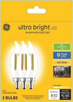 (3 bulbs) GE ultra bright LED 75-Watt equivalent, Soft White Chandelier Light Bulb, Candelabra Base, Dimmable, 7.5 watt, 810 lumen LED ultrabright, bent tip, clear Decorative bulb