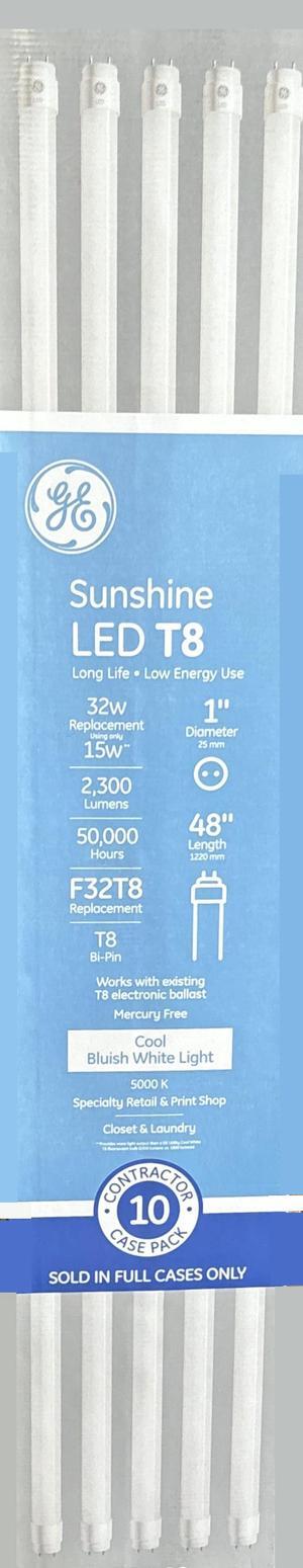 (case of 10 tubes) GE Lighting 30609 Sunshine LED Tube 48 inch T8, 15 watt, 2300 lumen, 5000K Daylight, Type A Plug and Pay replacement for 4ft T8 Fluorescent Lamp
