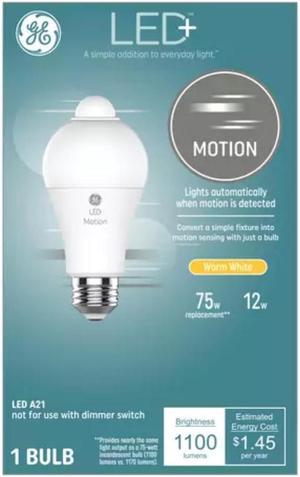 GE LED+ Motion Sensing LED Light Bulb, 12 watts, 1100 lumens, 75 watt replacement, warm white, lights automatically when motion is detected, LED A21 Light Bulb