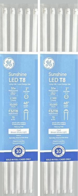 (case of 20 tubes) GE Lighting 30609 Sunshine LED Tube 48 inch T8, 15 watt, 2300 lumen, 5000K Daylight, Type A Plug and Pay replacement for 4ft T8 Fluorescent Lamp