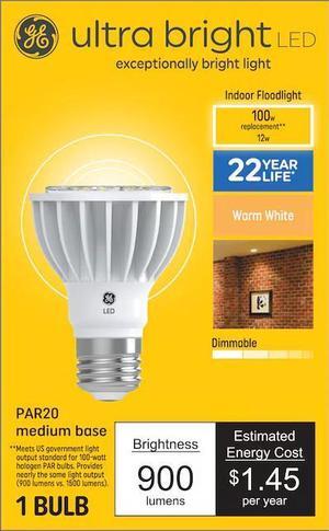 GE ultra bright LED Indoor Floodlight PAR20, 12 watts, 900 lumens, 100 watt replacement, Dimmable, warm white, medium base, exceptionally bright LED light bulb