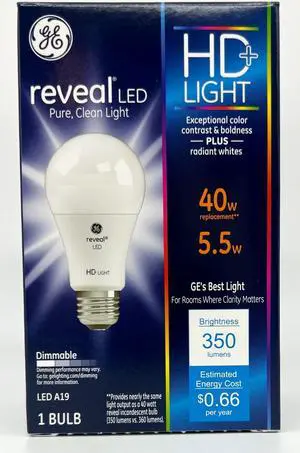 GE reveal LED A19 LED Light Bulb, 5.5 watt, 350 lumen, 40 watt replacement, Dimmable, HD Light, radiant whites, exceptional contrast and boldness
