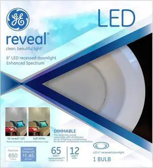 GE Lighting 83572 Reveal LED 12-Watt (65-watt replacement), 650-Lumen 6-inch RS6 Recessed Downlight Bulb with Medium Base, Reveal, 1-Pack GE Lighting 83572 Reveal LED 12-Watt (65-watt replacement), 650-Lumen 6-inch RS6 Recessed Downlight Bulb with Medium Base, Reveal, 1-Pack