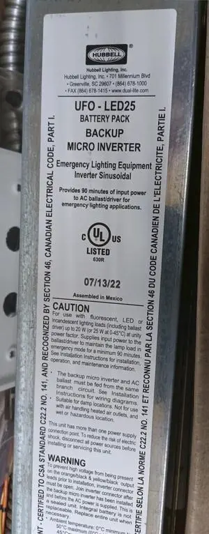 Hubbell LED Emergency Battery Pack UFO-LED25, 120/277 Vac, emergency back up battery power