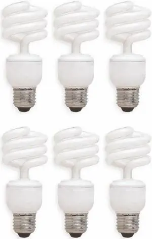 (6 bulbs) GE 94543 Compact Fluorescent 14 watt Light Bulb,  FLE14HT3/2/827 T3 Spiral Curlicue Compact Fluorescent Lamp, medium base, 2700K, 950 lumen CFL
