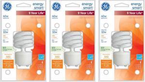 (case of 3) GE Lighting 76135 Energy Smart Spiral CFL 10-Watt (40-watt replacement) 550-Lumen T3 Spiral Light Bulb with Medium Base, 2700K