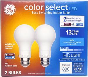 GE color select LED Easy Switching Indoor LED Light Bulbs, A19, relax or refresh, 2 color options on each bulb, HD Light, Dimmable, 800 Lumens, 60 watt replacment unique colorselect LED Light Bulb