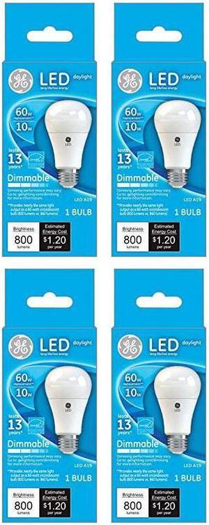 (4 bulbs) GE 67515 LED A19 60 watt equivalent Daylght Dimmable LED light bulb, uses only 10 watts, 800 lumens