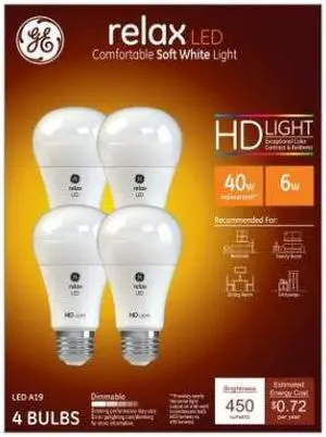 GE Lighting LED A19 Light Bulb, 6 watts, 450 lumens, Soft White Light -- pack of 4