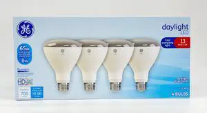 (4 bulbs) GE 43171 LED daylight BR30 8 watt = 65 watt replacement, Dimmable, 700 lumens,