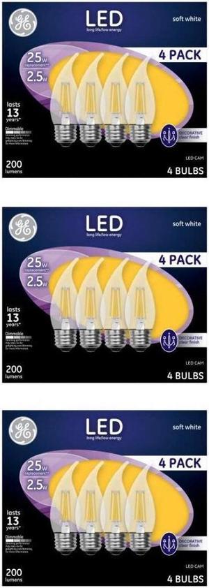 (case of 12 bulbs) GE Lighting LED Chandelier Bulb, 2.5 Watt, 200 lumen, Dimmable,  Medium Base, CAM Decorative LED Light Bulb - Soft White