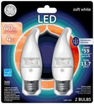 GE 34732 LED Chandelier Bulb, 300 Lumen, 4 watt LED Light Bulbs, Soft White, Dimmable (2 bulbs)