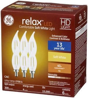 (6 bulbs) GE relax LED HD Decorative Chandelier Light Bulb, Clear, Bent tip, 40 watt replacement, candelabra base, dimmable 4 watt, 300 lumen LED Light Bulb