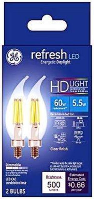 GE 31756 LED Chandelier Bulb, E12 Candelabra base,  refresh LED energetic daylight, 5.5 watts, 500 lumen, dimmable, clear finish
