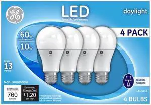 GE 4-Pack 60 W Equivalent Daylight A19 LED Light Fixture Light Bulbs, 10 watt, 760 lumens, daylight