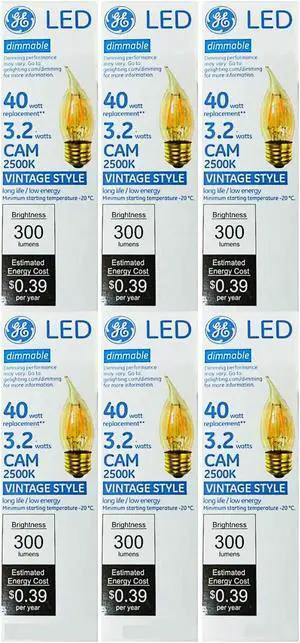(6 pack) GE 75914 Vintage Style LED 40 watt equivalent Decorative CAM bulb candle shaped LED bulb
