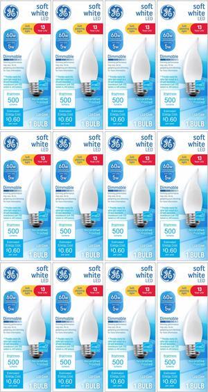 (case of 12) GE Soft White LED Chandelier Candle Bulb, 5 watt, 500 lumen, medium base, dimmable, frosted, bent tip, decorative LED CAM bulb, 60 watt equivalent