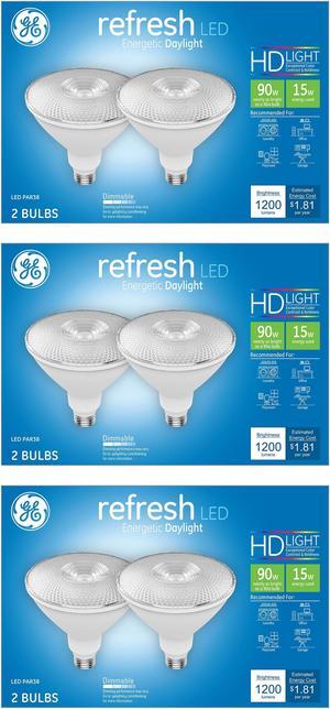 (6 Bulbs) GE Lighting refresh LED Floodlight, Daylight 5000K, PAR38, 15 watt, 1200 lumen (90 watt replacement) LED flood light, Dimmable