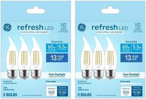 (6 bulbs) GE refresh LED cool white chandelier bulbs, 60 watt equivalent, 5.5 watt, 500 lumens, Dimmable, medium base (CAM) LED 6500K arctic white decorative bulb